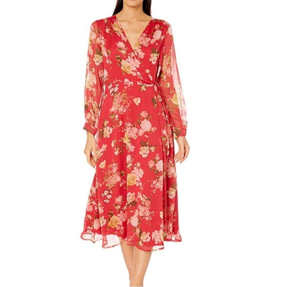 Red floral Vince Camuto wrap dress long sleeve large